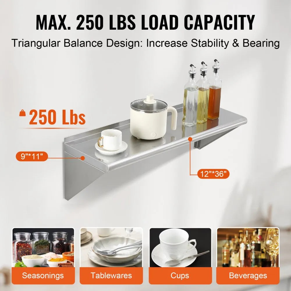 VEVOR 12" x 36" Stainless Steel Shelf, Wall Mounted Floating Shelving with Brackets, 250 lbs Load Capacity Commercial Shelves, Heavy Duty Storage Rack for Restaurant, Kitchen, Bar, Home, and Hotel