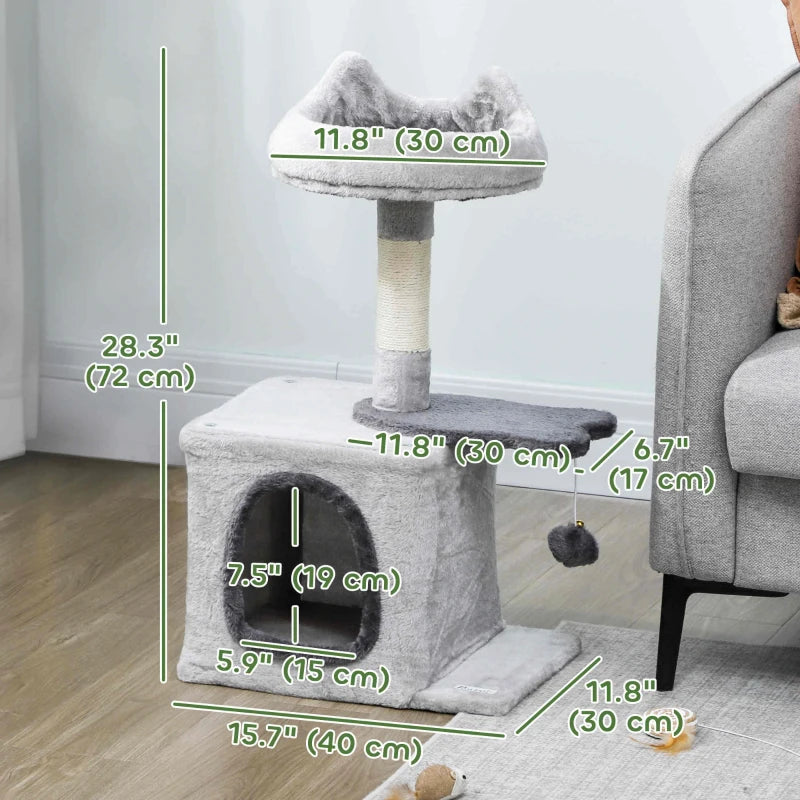 28" Cat Tree Tower with Plush Top Bed, Cozy Condo, Sisal Scratching Post, Perch, Dangling Ball, Light Grey