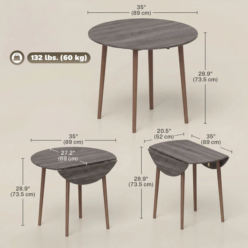 35" Folding Dining Table, Collapsible Drop Leaf Table with Round Tabletop, Wood Legs, Distressed Light Grey
