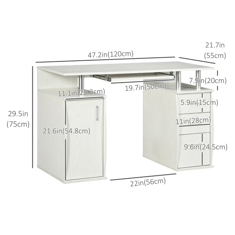 47" Computer Desk with Keyboard Tray and Storage Drawers, Home Office Workstation Table with Storage Shelves, White