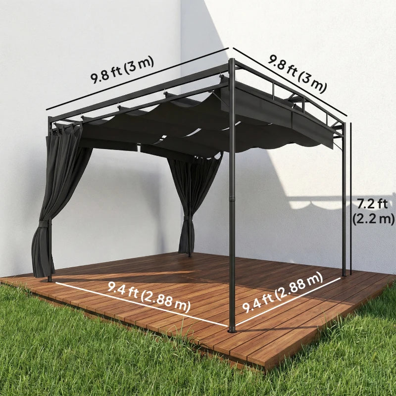 10' x 10' Retractable Pergola Canopy, Outdoor Pergola with Curtains, Metal Garden Gazebo Sun Shade Shelter for Patio