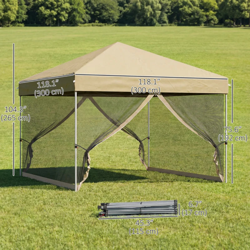 10' x 10' Pop-Up Party Tent UPF50+ Outdoor Canopy Tent with Mesh Sidewalls, 3-Level Adjustable Height, Roller Bag, Khaki