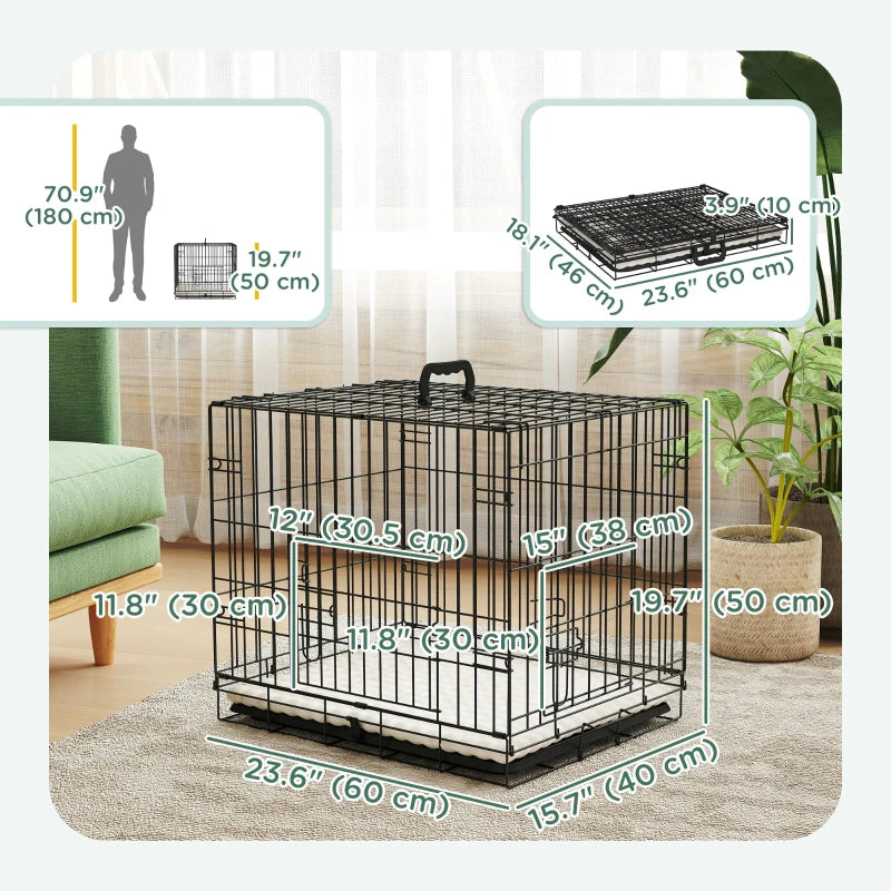 24" Dog Crate with 2 Doors, Folding Metal Dog Cage with Soft Cushion, Removable Tray, Handle for Extra Small Dogs, Black