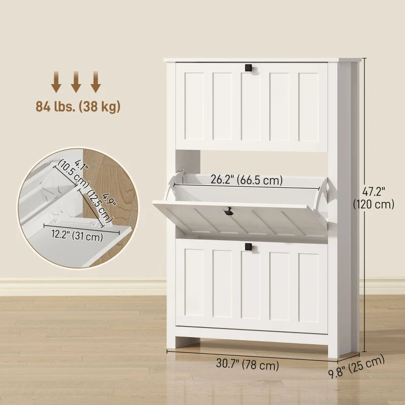Slim Shoe Cabinet with 3 Flip Drawers, Shoe Storage Cabinet with Adjustable Shelves for Entryway, Holds 18 Pairs, White
