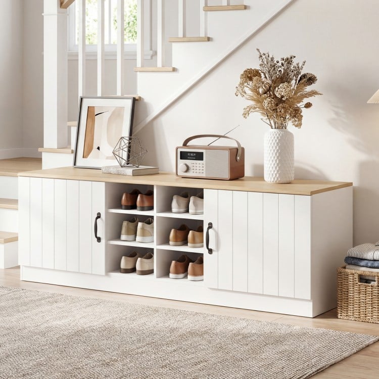 2-Door Shoe Bench Storage Cabinet with Adjustable Shelves-Natural