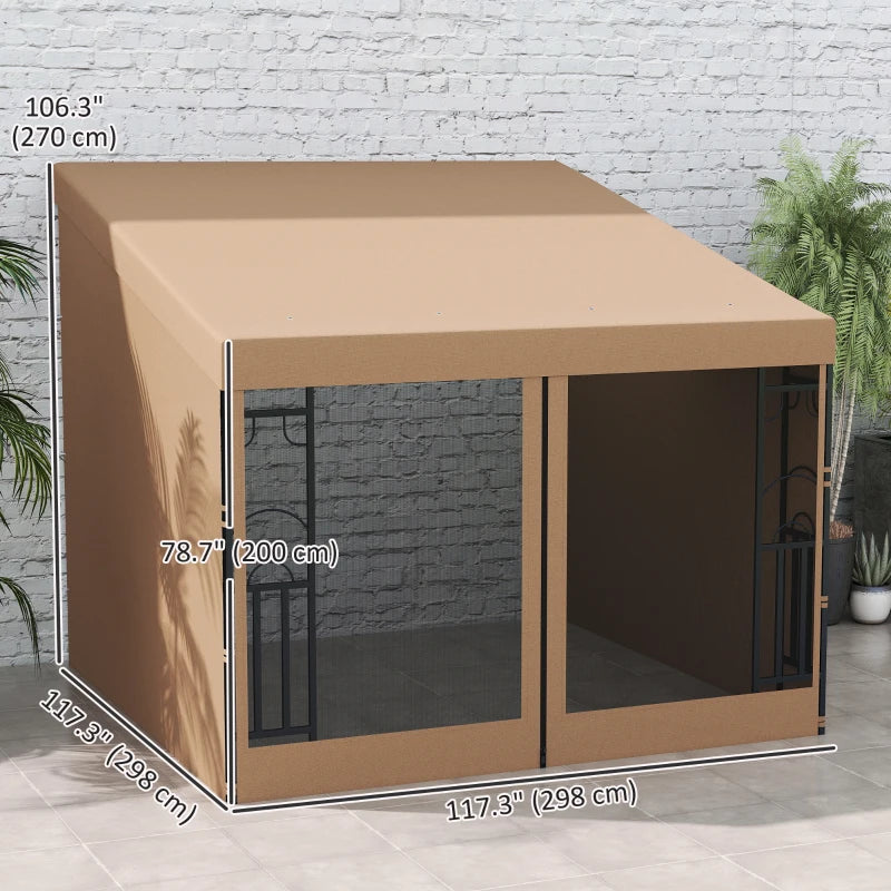 10' x 10' Wall Pergola, Outdoor Gazebo with 2 Curtains and 2 Nettings, UV Resistant, for Patio, Deck, Khaki