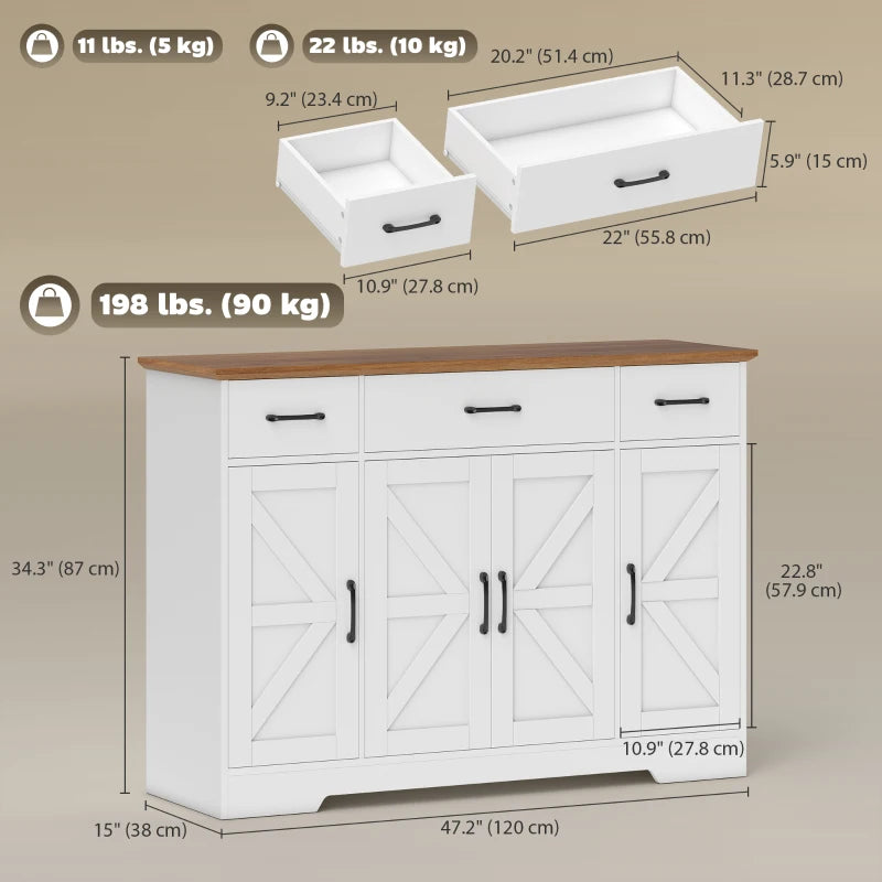 47" Buffet Cabinet with Soft-Close Hinges, Farmhouse Sideboard with 3 Drawers, Adjustable Shelves and Spice Racks, White