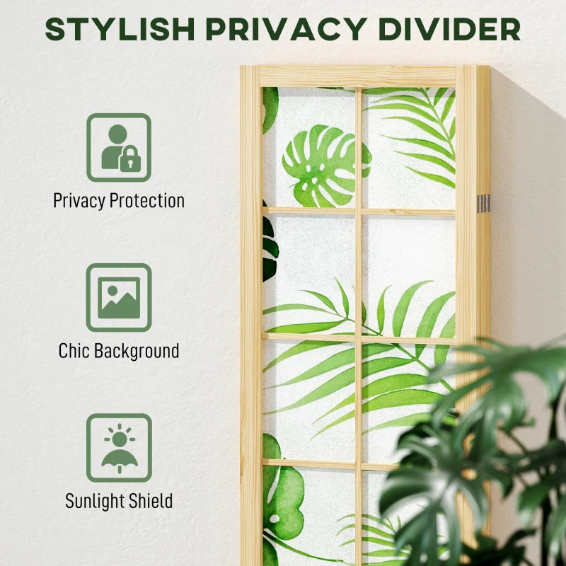 4 Panel Folding Privacy Screen, 67" Room Divider with Palm Leaf Design for Living Room Bedroom, Natural and Green