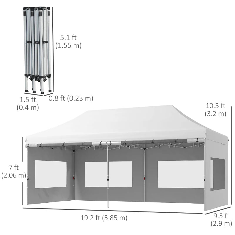 20' x 10' Folding Pop Up Canopy Tent with Sidewalls,  Windows, Weight Bags and Carrying Bag, White