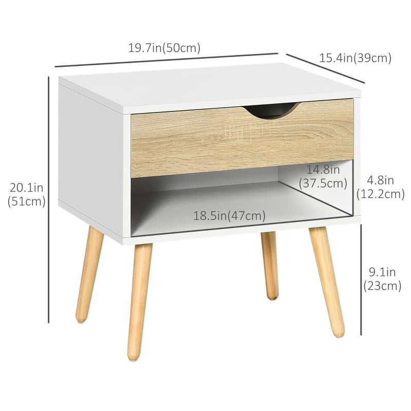 Set of 2 Bedside Table with Drawer and Shelf, Modern Nightstand with Wooden Legs, End Table for Bedroom, White