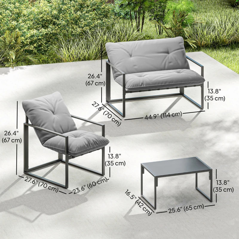 4 Piece Outdoor Furniture Set, Patio Conversation Set with Tempered Glass Table, Loveseat, Chairs, Cushions, Light Grey