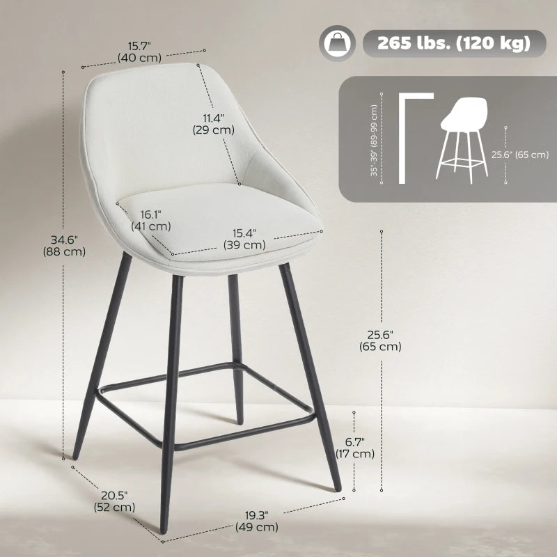 26" Counter Height Barstools Set of 2, Upholstered Swivel Bar Stools with Backrests and Armrests, Cream White