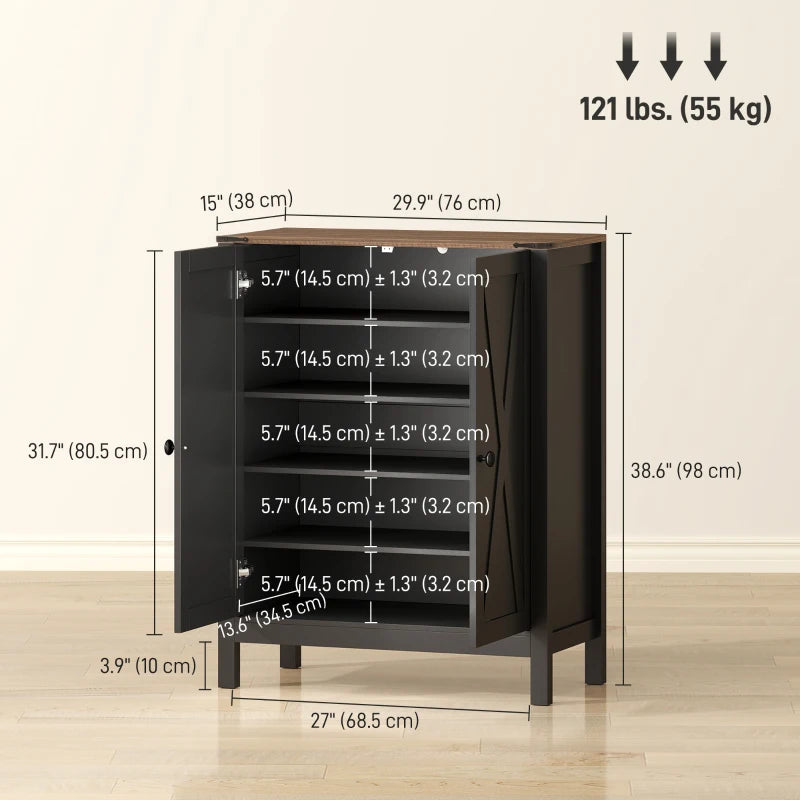 Shoe Cabinet with Barn Doors, Farmhouse Shoe Storage Cabinet with Adjustable Shelves, Holds up to 15 Pairs, Black
