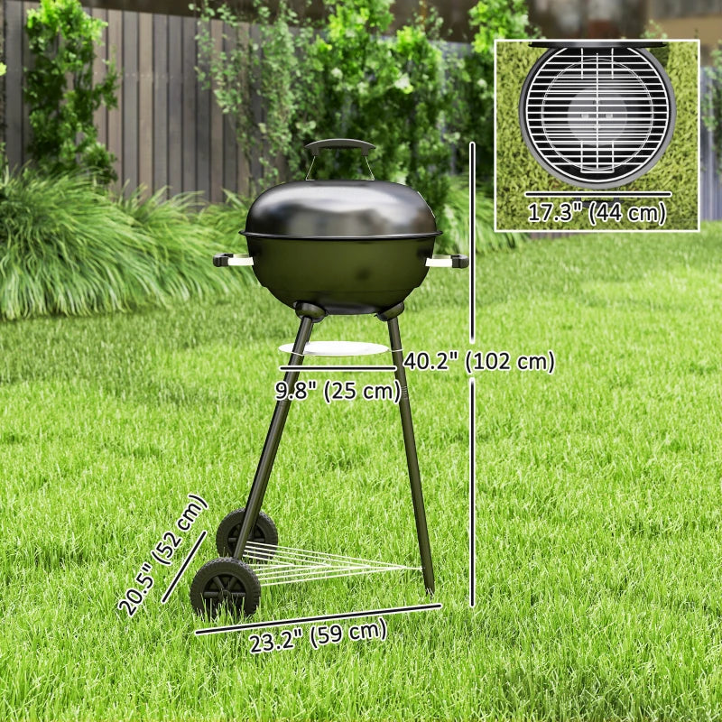 17" Kettle Charcoal BBQ Grill with BBQ Accessories, Barbecue Grill with Shelf, Ash Catcher, Wheels, Handles for Outdoor Cooking, Patio Backyard Party, Black