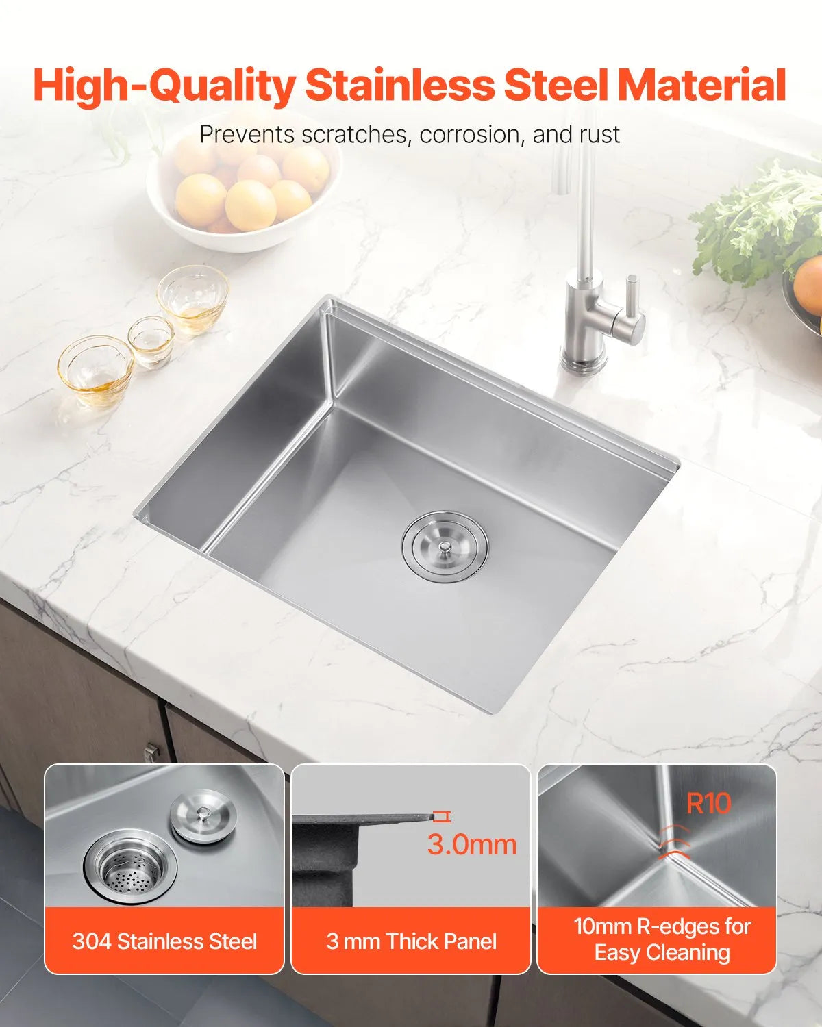 VEVOR 23" Kitchen Sink Undermount Single Bowl Drop-In Basin Stainless Steel Bar