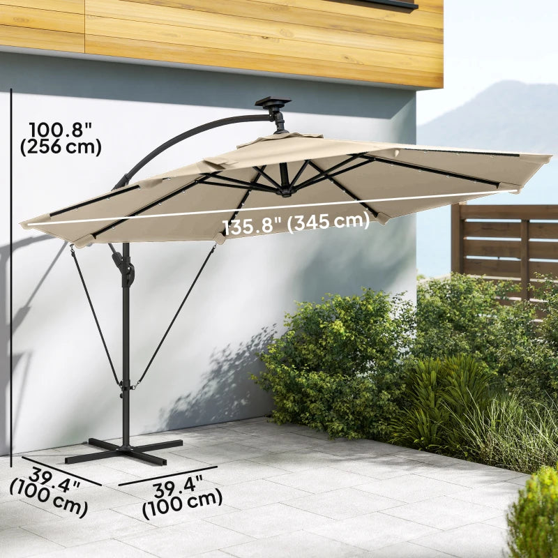 11.3 ft Cantilever Patio Umbrella with Light, Cover, Aluminium UPF50+ Offset Outdoor Umbrella Parasol, Khaki