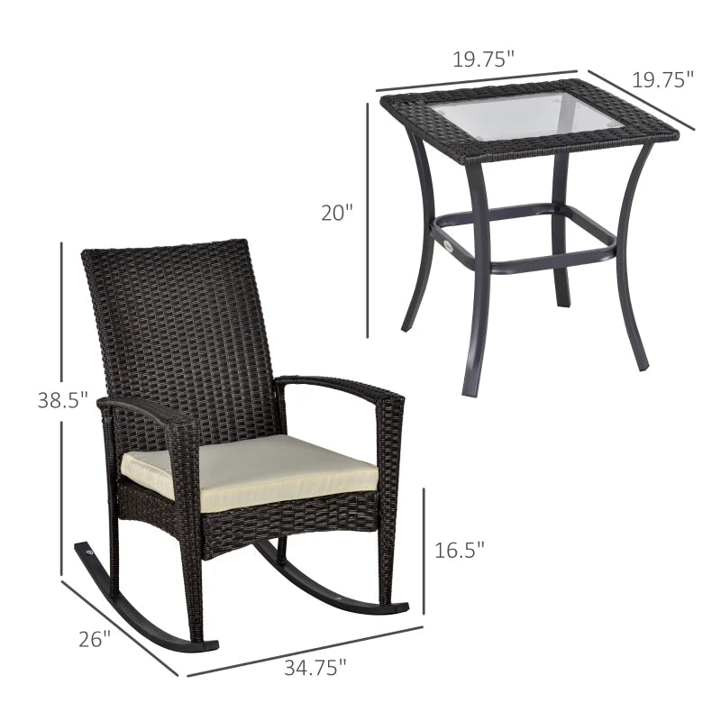 3 Pieces Patio Wicker Rocking Chair Set,  Outdoor PE Rattan Bistro Set Conversation Rocker Set with 2 Chairs 1 Coffee Table for Backyard, Deck, Poolside, Dark Grey