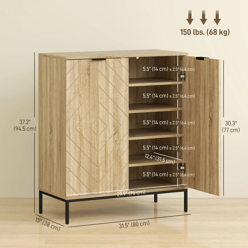 Shoe Storage Cabinet for 15 Pairs, Freestanding Shoe Cabinet with Doors and Adjustable Shelves for Hallway, Oak