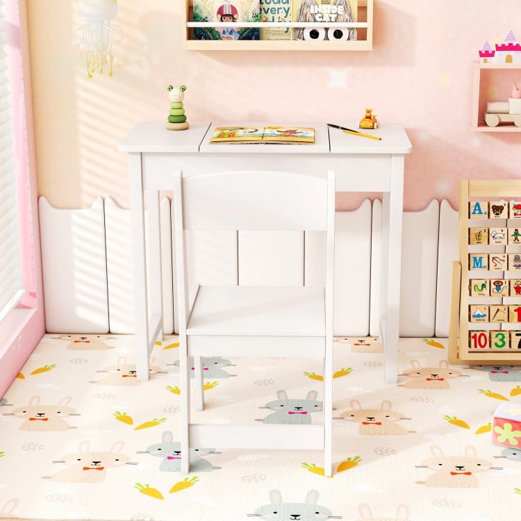 2-in-1 Kids Vanity Makeup Table and Chair Set with Flip Top Mirror-White