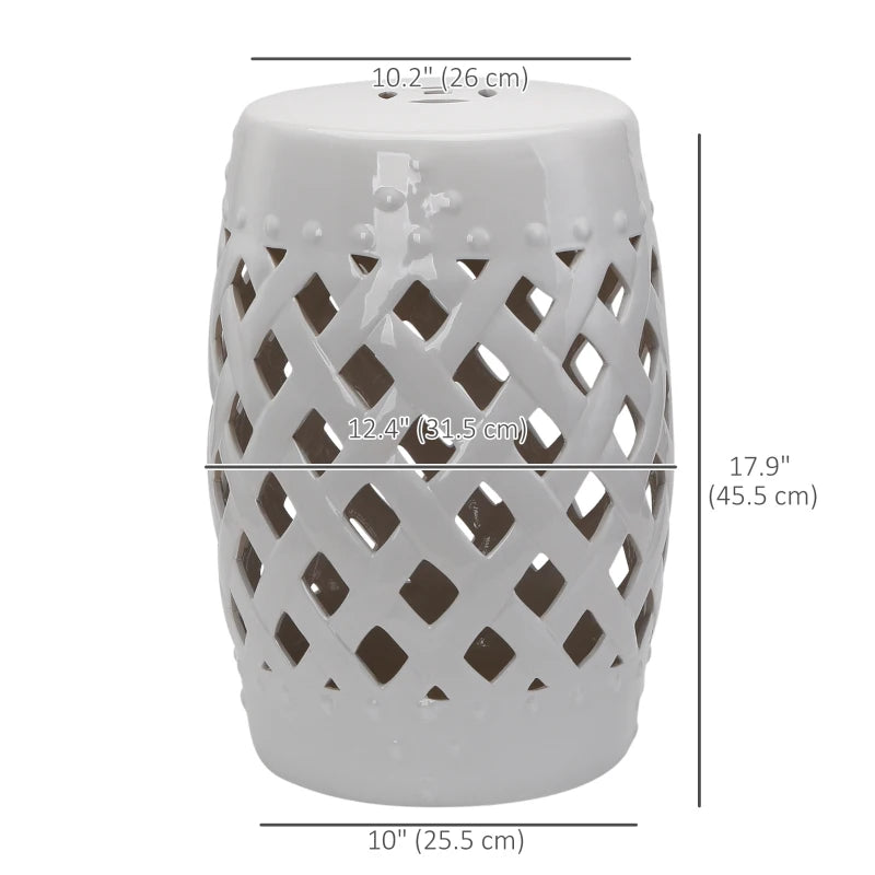 18" Ceramic Garden Stool with Woven Lattice Design, Indoor & Outdoor Decorative Accent Stool, White