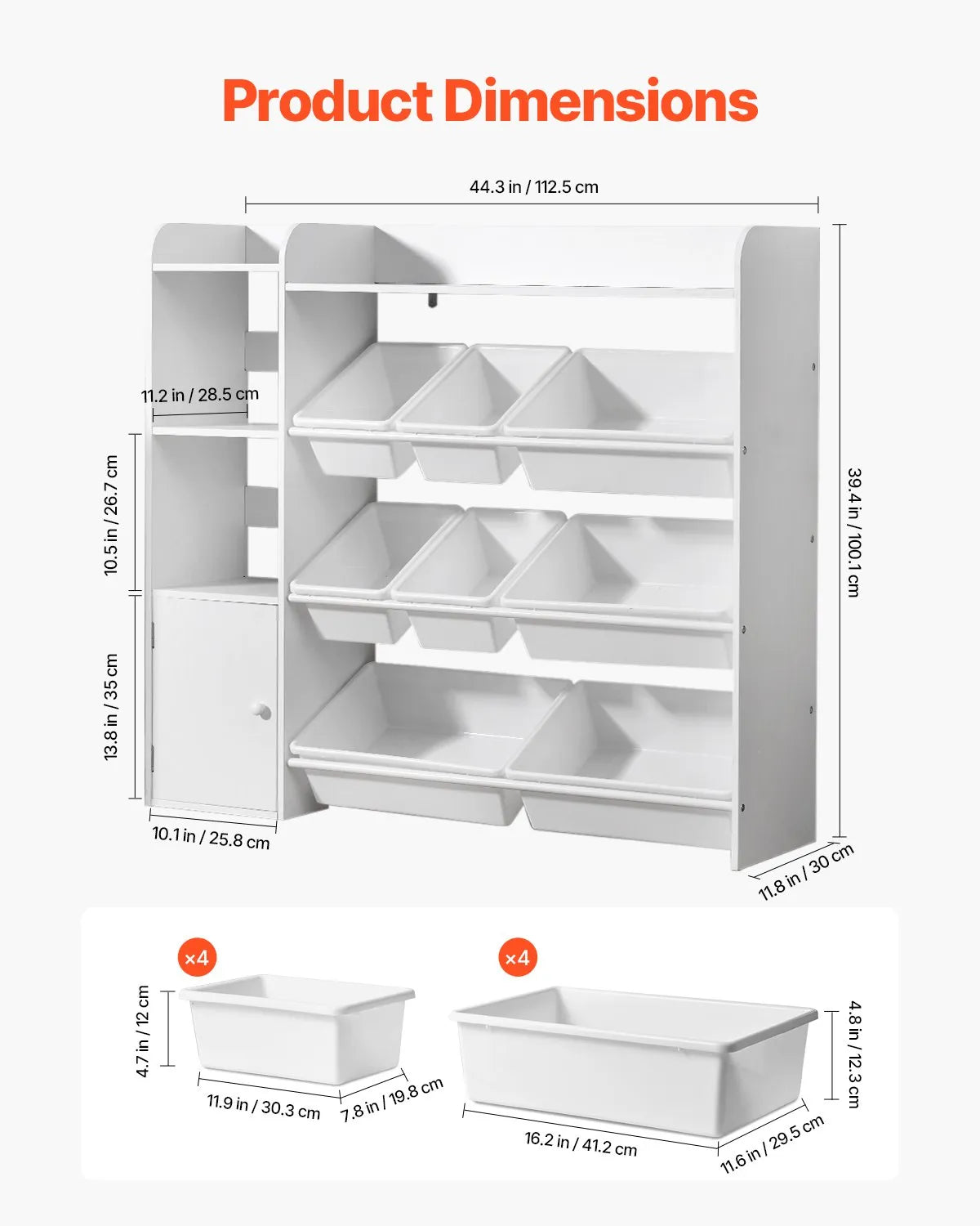 VEVOR 4-Tier Kids Toy Storage and Bookshelf with 8 Flexible Plastic Bins White