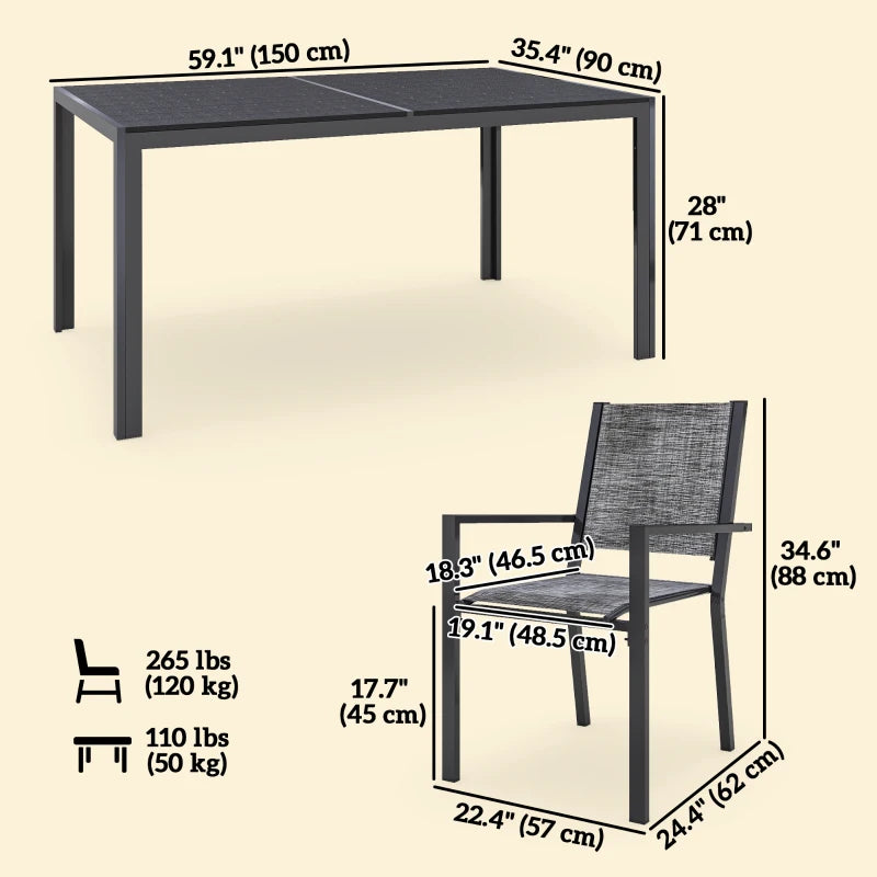 7 Piece Outdoor Dining Set with 6 Stackable Chairs, Rectangle Table, WPC Slatted Top, Rust-Resistant Steel Frame