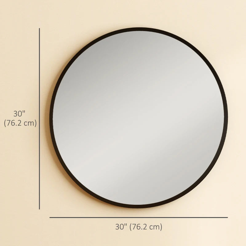 30" Round Mirror, Bathroom Wall Mirror with Metal Frame, Decorative Vanity Mirror for Living Room, Bedroom, Black