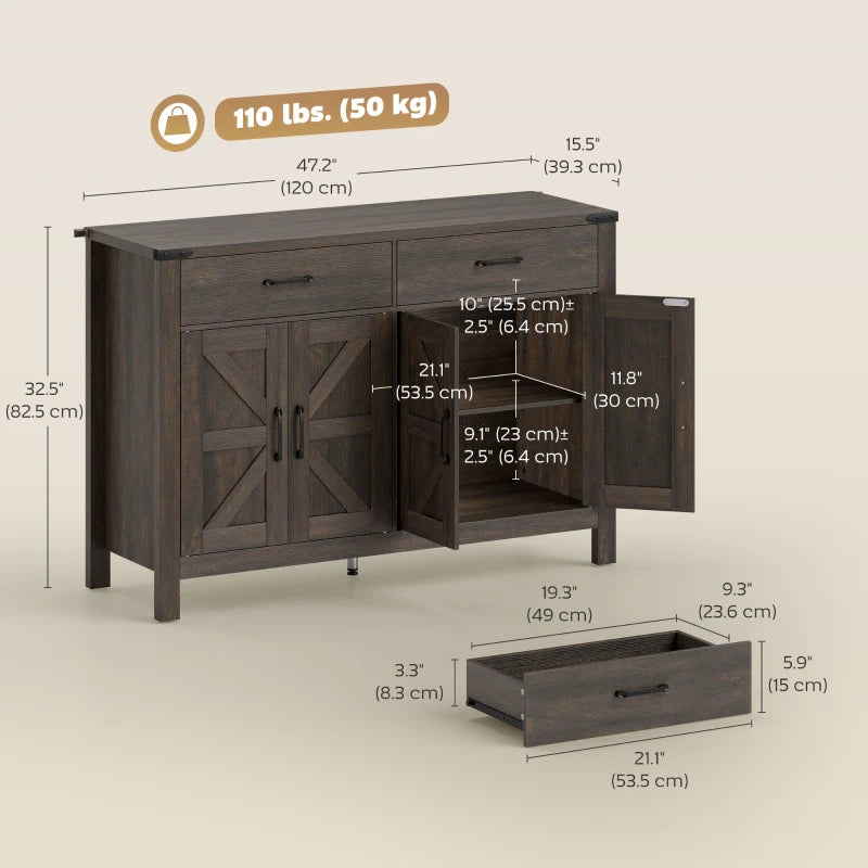 Sideboard Buffet Cabinet, Farmhouse Kitchen Storage Cabinet with 2 Drawers and Shelves for Living Room, Entryway