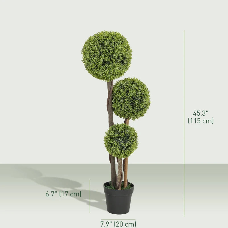 45 Inch Potted Fake Plant Set of 2, Artificial Boxwood Topiary Tree, Triple Ball Tree for Indoor and Outdoor, Green