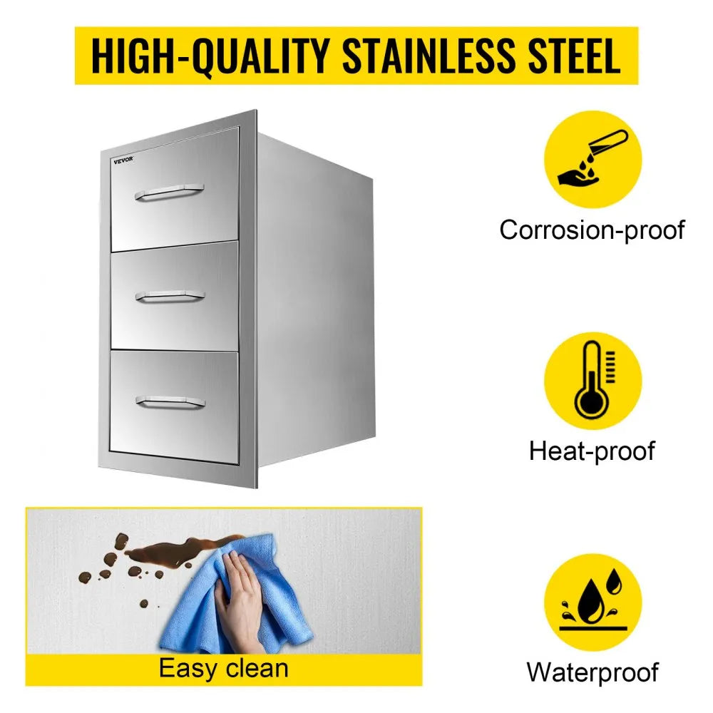 VEVOR Outdoor Kitchen Drawers 16\" W x 28.5\" H x 20.5\" D, Flush Mount Triple Access BBQ Drawers Stainless Steel with Handle, BBQ Island Drawers for Outdoor Kitchens or Patio Grill Station