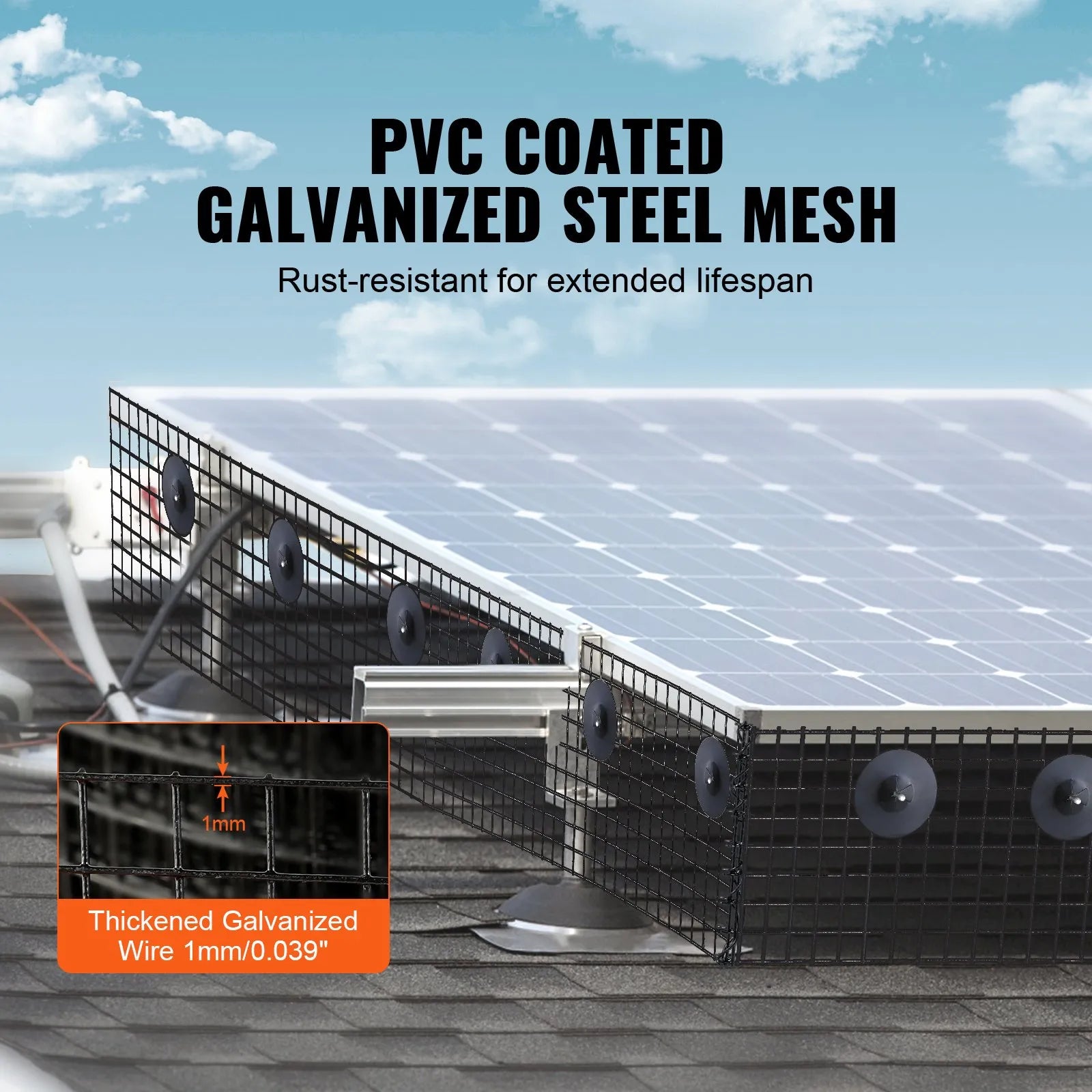 VEVOR 8 inch x 100ft Solar Panel Bird Guard, Critter Guard Roll Kit with 70pcs Stainless Steel Fasteners, Solar Panel Guard with Rust-proof PVC Coating, 1/2 inch Wire Roll Mesh