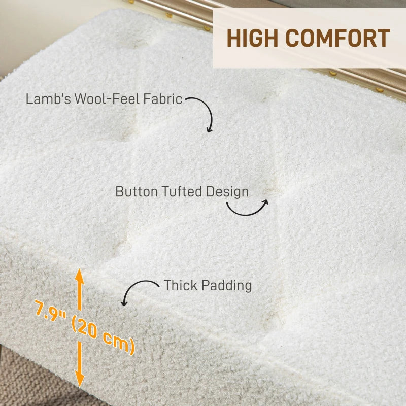 44" Lamb's Wool-Feel Upholstered Bedroom Bench, End of Bed Bench with Thick Padded Cushion and Steel Legs, Cream White