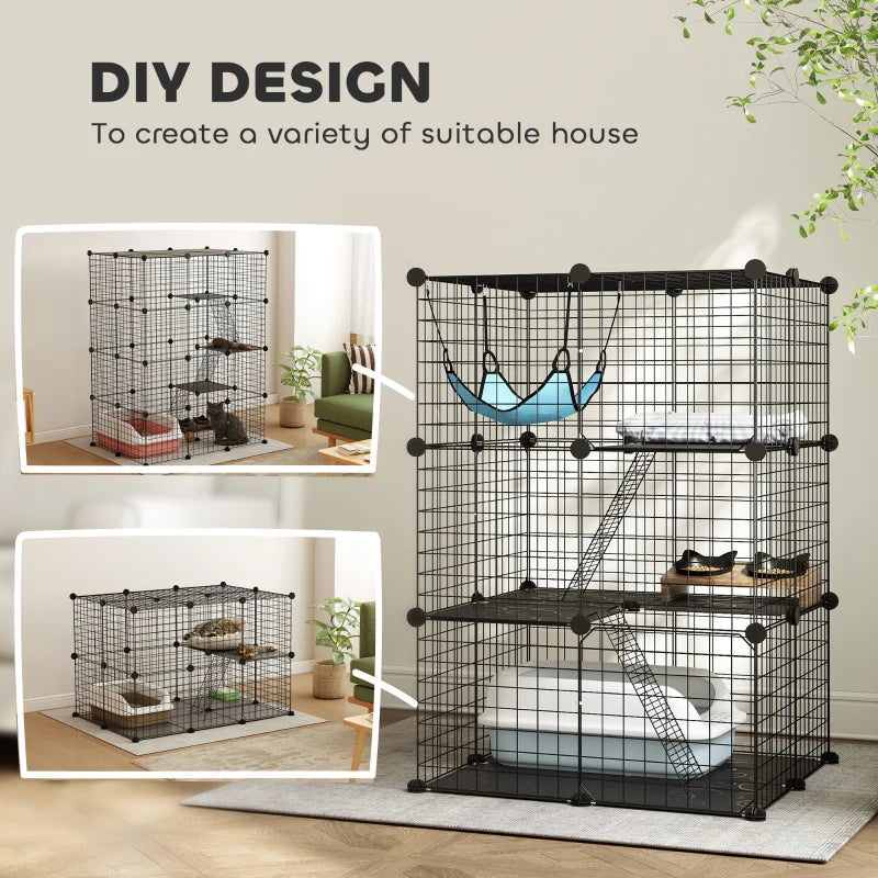 3 Tier Cat Cage Crate, DIY Pet Playpen with 3 Doors, Ladders, Hammock, Platforms, Indoor Playpen for Kittens, Black