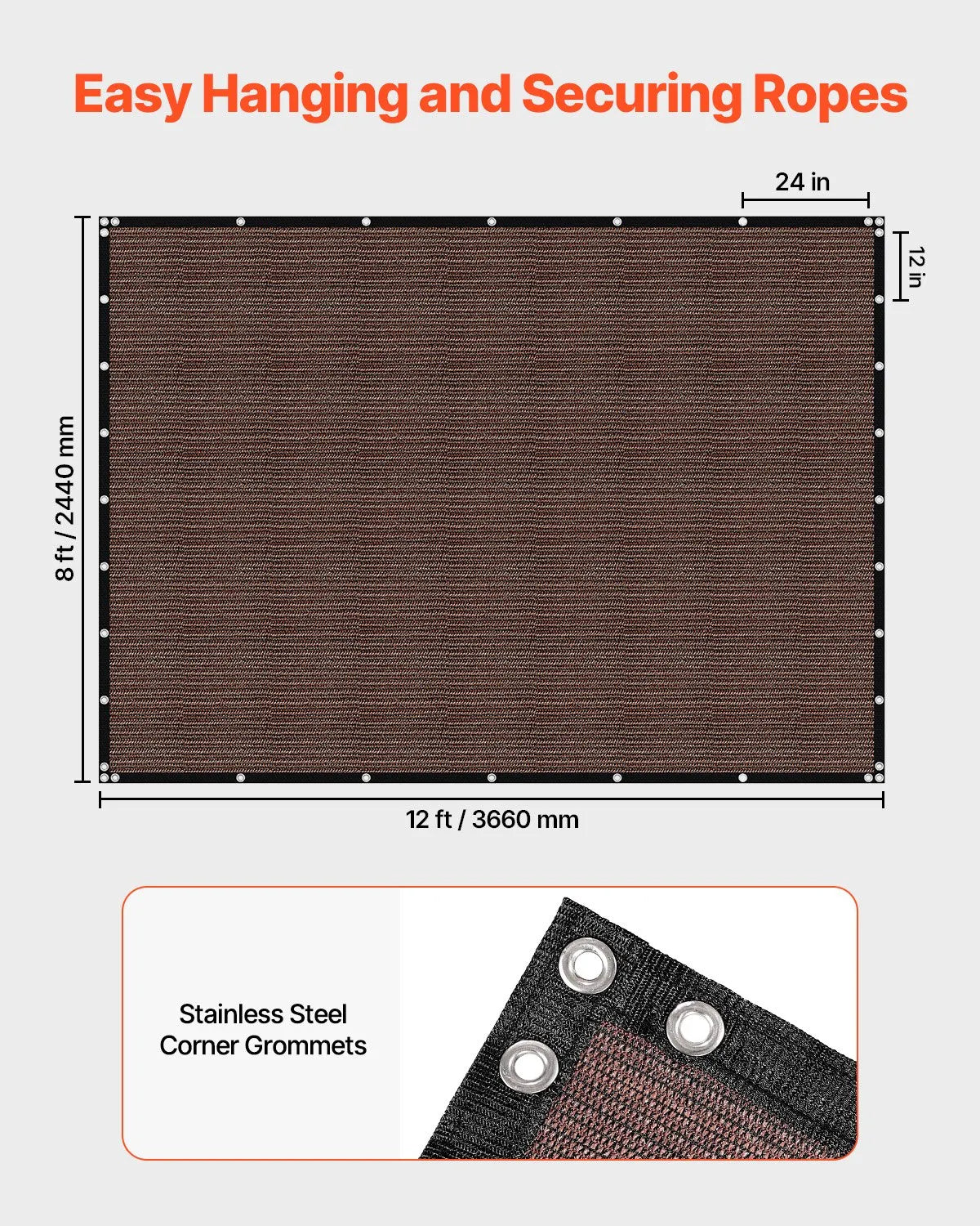 VEVOR 90% Sun Shade Cloth Privacy Screen 8 x 12 ft for Patio Garden (Brown)