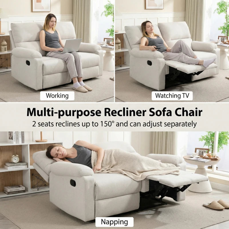 2 Seater Reclining Sofa, Loveseat Recliner Sofa with Footrest and Split Backrest, for Home Theater, Living Room, Cream White