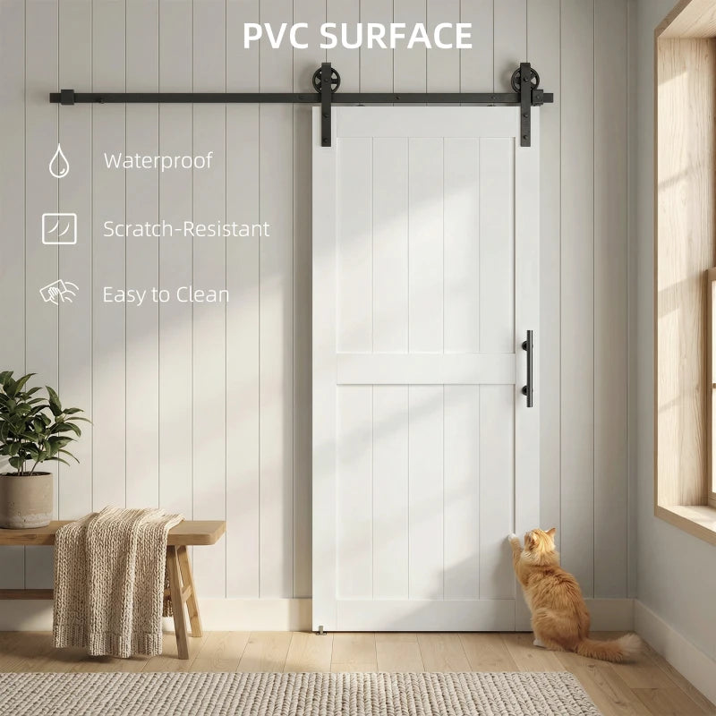 32inx84in Barn Door with 6FT Sliding Door Hardware Kit, Handle, Upgraded Rollers and Floor Guide, Waterproof, White