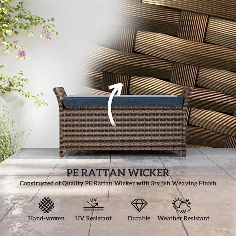 2-In-1 Outdoor Storage Bench, 29 Gallon Wicker Deck Box with Handles and Cushion, Navy Blue