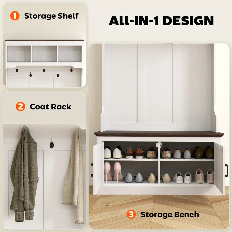 3-in-1 Hall Tree with Bench, Coat Rack with Shoe Storage, White Wood Grain