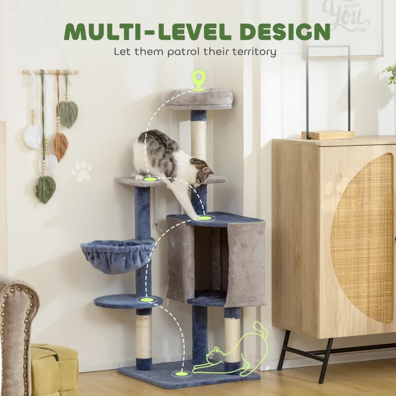 48" Modern Cat Tree with Condo, Hammock, Perch, Sisal Scratching Posts, Toy Ball, for Indoor Cats, Blue and Grey