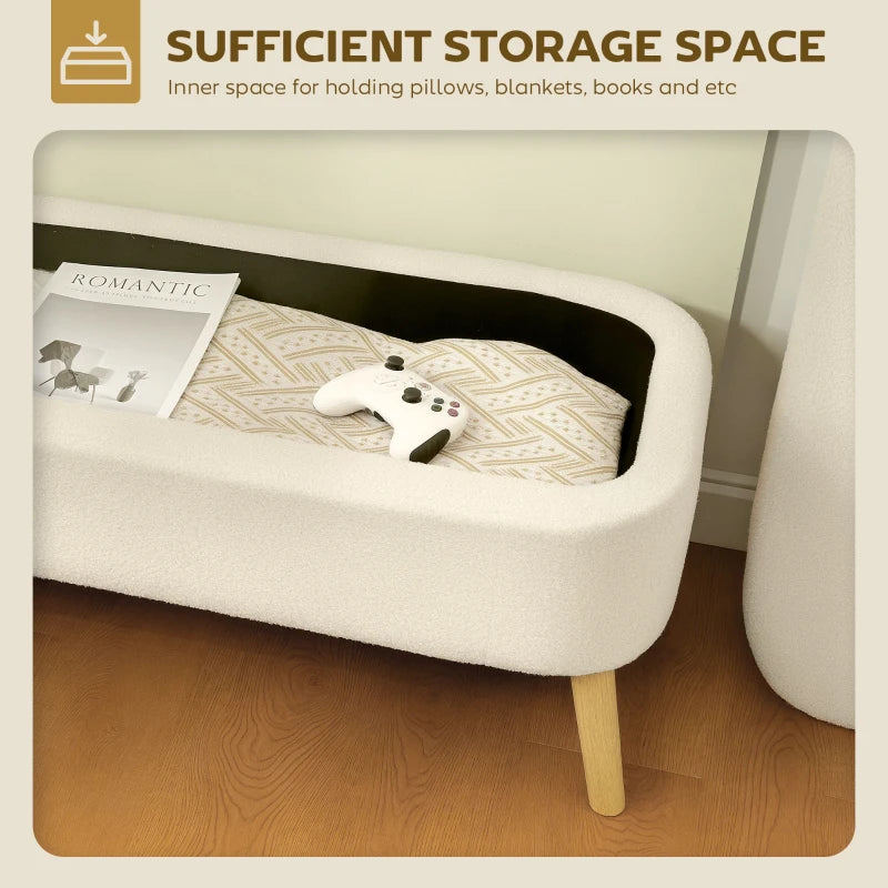 47 Inches Storage Ottoman Bench, End of Bed Bench, Upholstered Teddy Fleece Storage Chest for Living Room, Beige