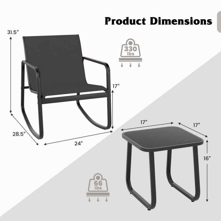 2 Rocking Bistro Chairs and Glass-Top Table for Porch Yard Balcony-Black