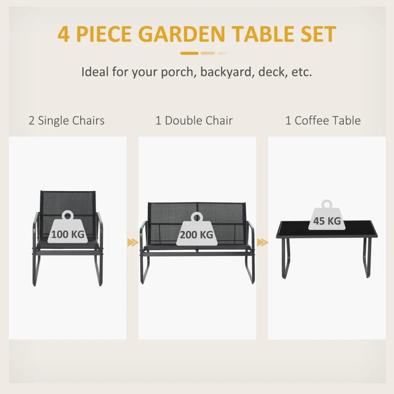 4 Piece Patio Furniture Set, Outdoor Conversation Set with Loveseat Sofa, Armchairs, Glass Top Coffee Table, Black