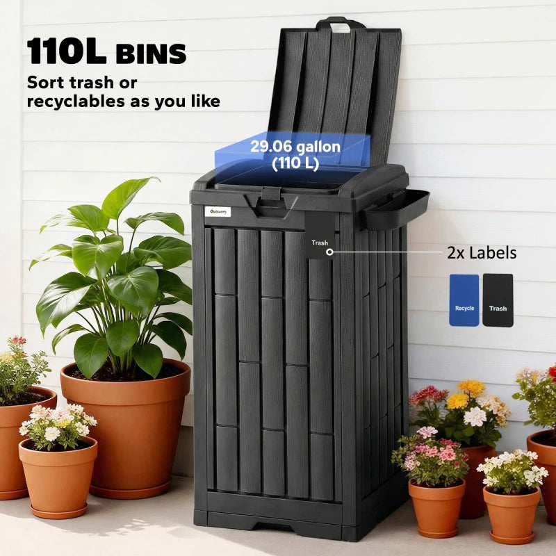 29 Gallon Outdoor Garbage Bin with Dual Lid, Plastic Outdoor Waste Trash Can with Side Holder and Drip Tray, Black
