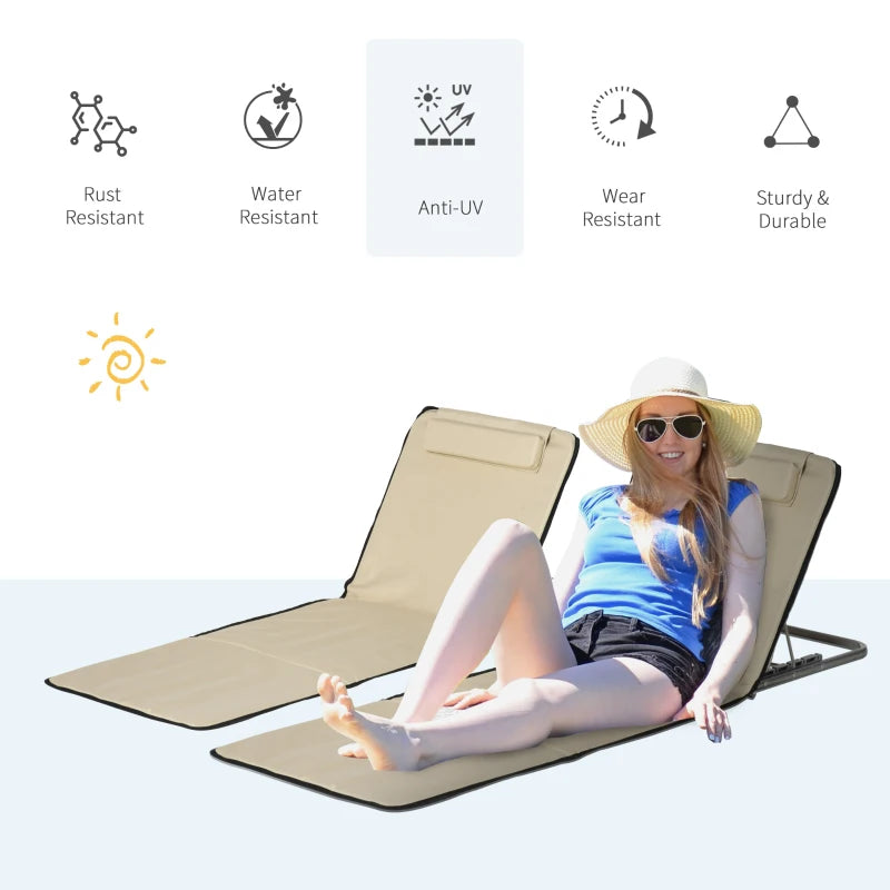 2 Pieces Beach Lounge Chair, Outdoor Folding Chaise Lounge Set w/ Pillow for Sunbath, Snap, Beige