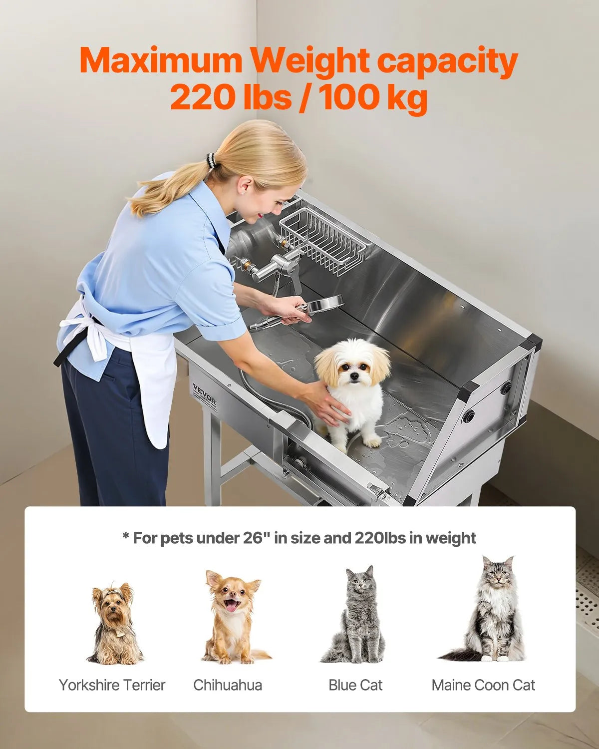 VEVOR 34" Dog Grooming Bath Tub Stainless Steel w Stairs Faucet Showerhead