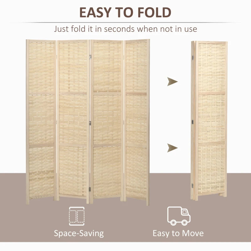 4-Panel Room Divider, 5.6 FT Bamboo Freestanding Folding Privacy Screen for Indoor Bedroom Office, Natural Wood