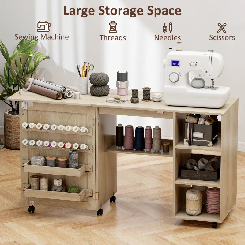Sewing Machine Table with Drop Leaf, Folding Craft Table Rattan Door and Storage Shelves for Small Spaces, Natural