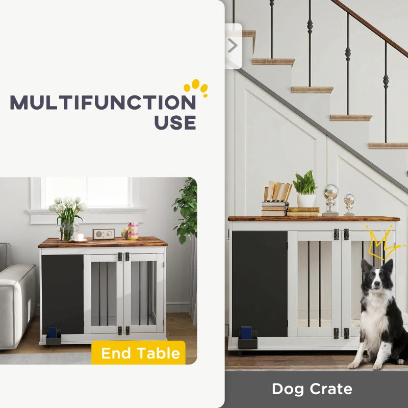 39" Dog Crate Furniture Side End Table for Large Dogs w/ Blackboard, Three Doors, White
