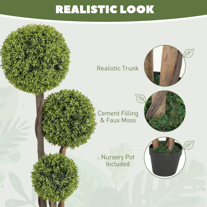 45 Inch Potted Fake Plant Set of 2, Artificial Boxwood Topiary Tree, Triple Ball Tree for Indoor and Outdoor, Green