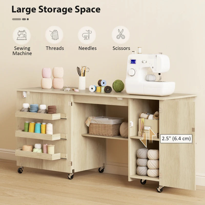 Sewing Machine Table with Drop Leaf, Folding Craft Table with 2 Doors and Adjustable Shelf for Small Spaces, Natural